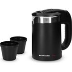 Navaris Reise-Wasserkocher, 0,5L - mit 2 Trinkbechern, 1100W, Edelstahl, schwarz