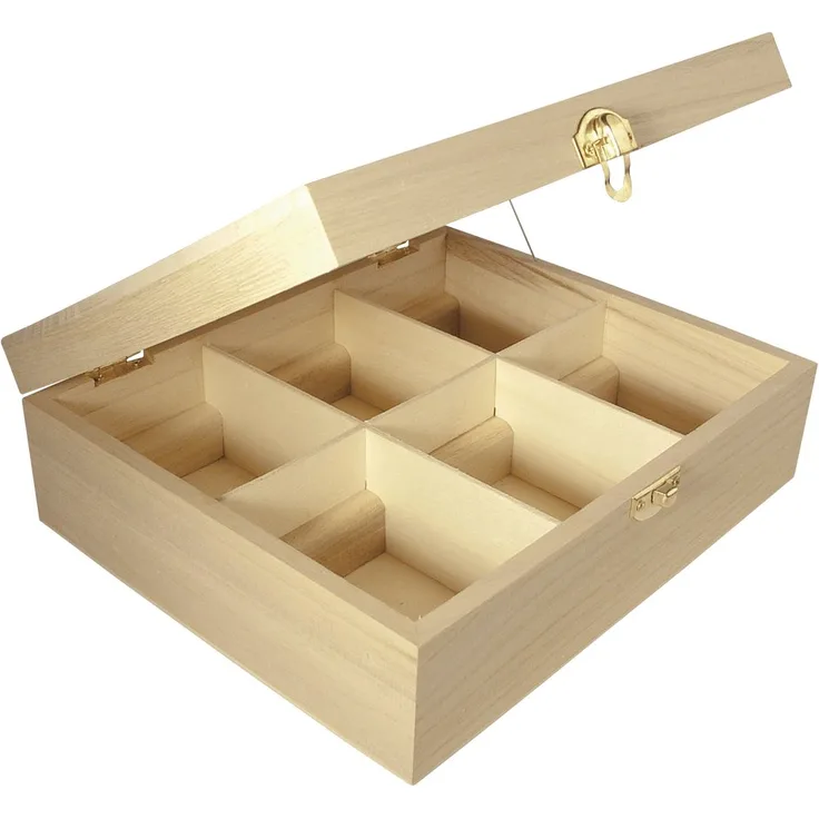Rayher 62408000 Holz-Teebox, 21,5 x 18 x 7 cm, 6 Fächer, naturbelassen, mit Metallschließe, Teekasten, Teebeutelbox, Holzbox zur Aufbewahrung von Teebeuteln, Kaffeepads, Gewürzen etc.