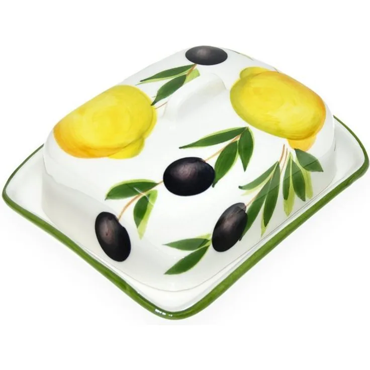 Lashuma Butterdose Zitrone Olive, Keramik, Große Butterschale 18x14 cm, Butterglocke Keramik