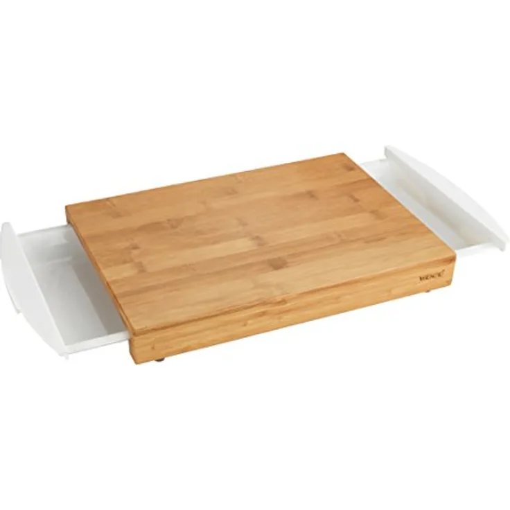 WENKO 53035100 Schneidebrett Bina, Küchenbrett, Schneidebrett mit 2 ausziehbaren Auffangschalen-Tabletts, Bambus, 40.5 x 4 x 25 cm, Braun