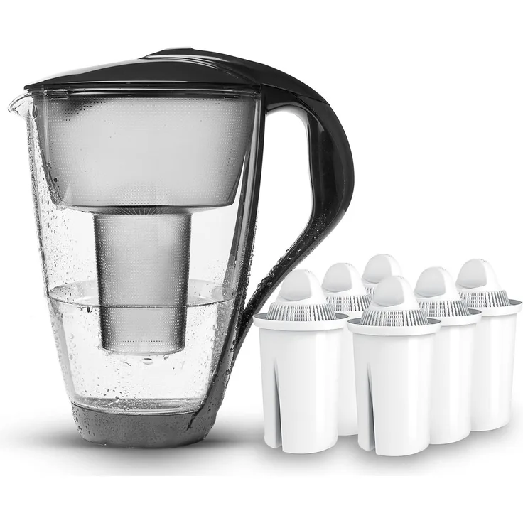 PearlCo Glas-Wasserfilter - Halbjahres-Paket inkl. 6 classic Filterkartuschen (anthrazit)