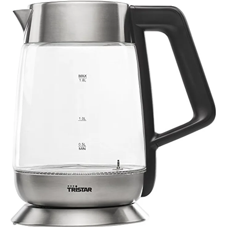 Tristar WK-3375 Edelstahl- Glas-Wasserkocher mit 5 einstellbaren Temperaturen (60°-70°-80°-90°-100°) | Farbliche Temperaturdarstellung | 360° rotierbar
