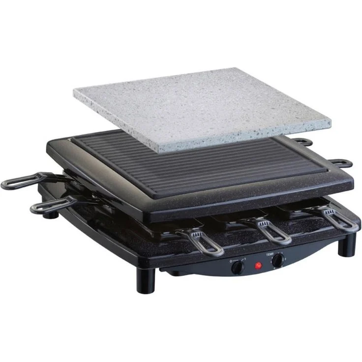 Steba RC 3 Plus Gourmet Raclette, emaillierte Stahlguss-Grillplatte geriffelt/glatt, Natursteingrillplattefür 8 Personen, 1450 Watt, schwarz – Bild 1