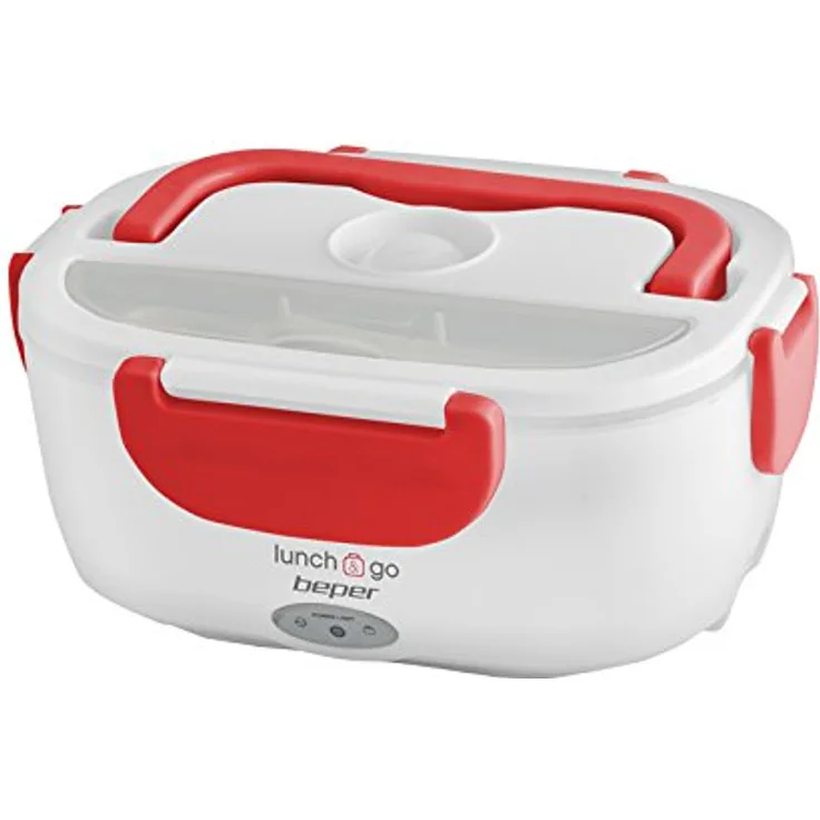 Beper Lunch & Go - Wärmende Lunchbox, tragbarer elektrischer Speisenwärmer, 2 herausnehmbare Behälter, Stahlheizplatte, mitgeliefertes Plastikbesteck, 220 V - Rot