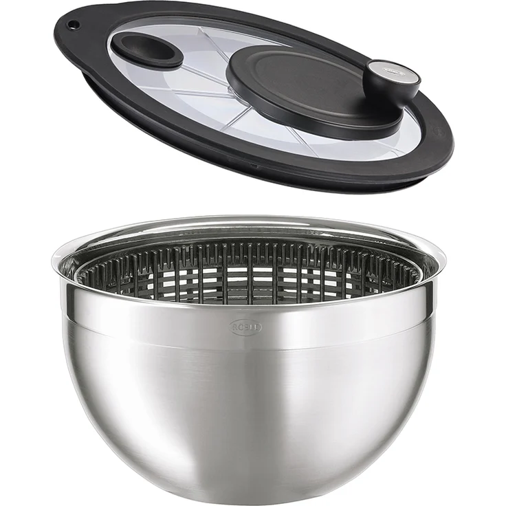 RÖSLE Salatschleuder mit Glasdeckel, Durchmesser 24 cm, Edelstahl 18-10, 2-ton-poliert, Kurbelantrieb, komplett zerlegbar, spülmaschinengeeignet – Bild 1