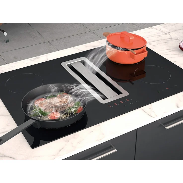 Silverline FLOW-IN HiLight Kochfeld (FLHK 800 ESK ), Glaskeramikkochfeld mit integriertem Abzug, 4 Kochzonen, 4-Stufen-Touch-Contol-LED, Restwärmeanzeige, Energieeffizienzklasse A, edelstahl, schwarz – Bild 1