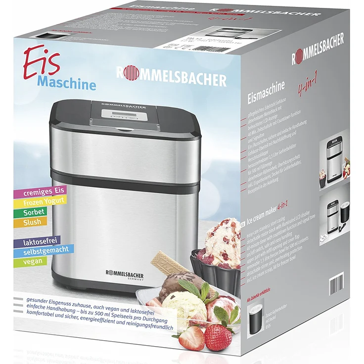 Rommelsbacher IM 12 Kurt Eismaschine 4-in-1 für Speiseeis, Frozen Yogurt, Sorbet & Slush, Füllmenge 500 ml für 1,5 Liter Eis, LCD-Anzeige, inkl. Eislöffel & Rezeptideen, Edelstahl, schwarz – Bild 9