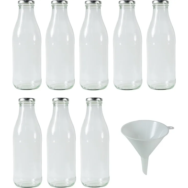 Viva Haushaltswaren 8 x Weithals-Glasflasche 1000 ml mit silberfarbenem Schraubverschluss, als Milchflasche, Saftflasche & Smoothieflasche verwendbar (inkl. Trichter Ø 9 cm)