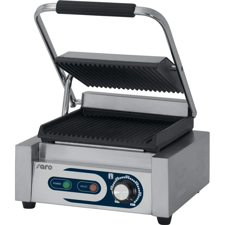 Saro Elektro-Kontaktgrill Modell PG 1 Profi Grillplatte Tischgrill Elektrogrill, gerillt, beidseitig, Braten zB Steaks, Würstchen, Barbecue, Antihaft, +300°, Gastronomie, Edelstahl, Gusseisen silber