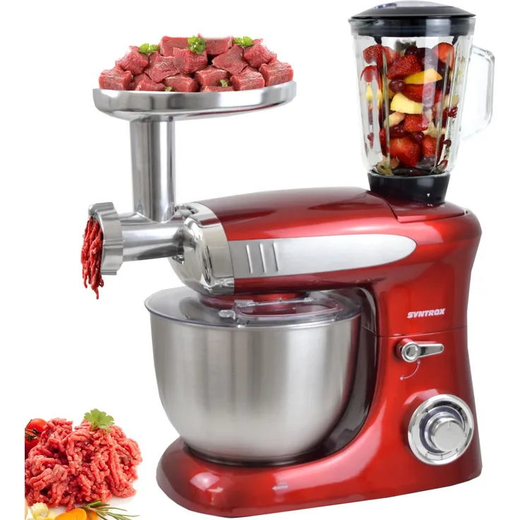 Syntrox DeLuxe Küchenmaschine, Knetmaschine mit Fleischwolf und Mixer, 1300 W, rot