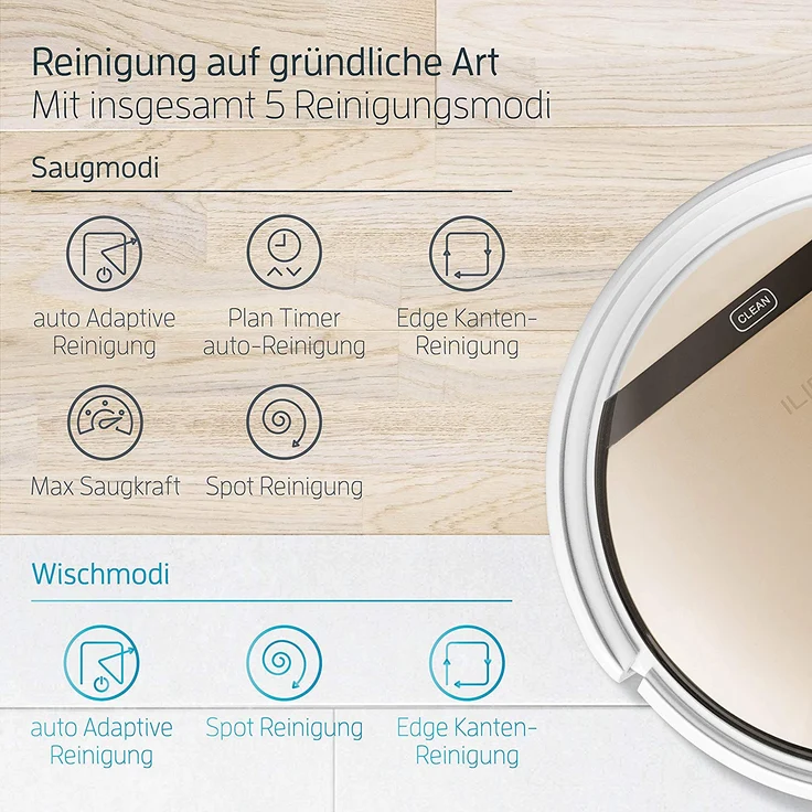 Zaco Beetles V5s Pro Saugroboter mit Wischfunktion, 120 min Akkubetrieb, Fernbedienung, Infrarot-Sensoren, gold – Bild 3