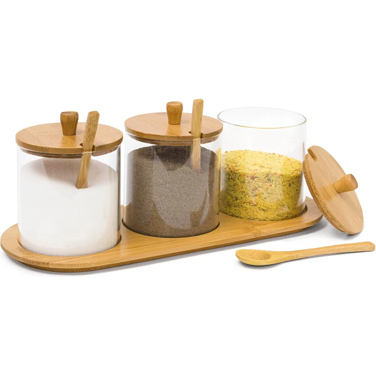 Relaxdays Gewürzgläser JIAO HBT: 12 x 31 x 12 cm Bambus Gewürzhalter für 3 Gewürzbehälter aus Glas mit passenden Löffeln als Alternative zu Gewürzständer und Gewürzregal für Küche und Esstisch, natur – Bild 1