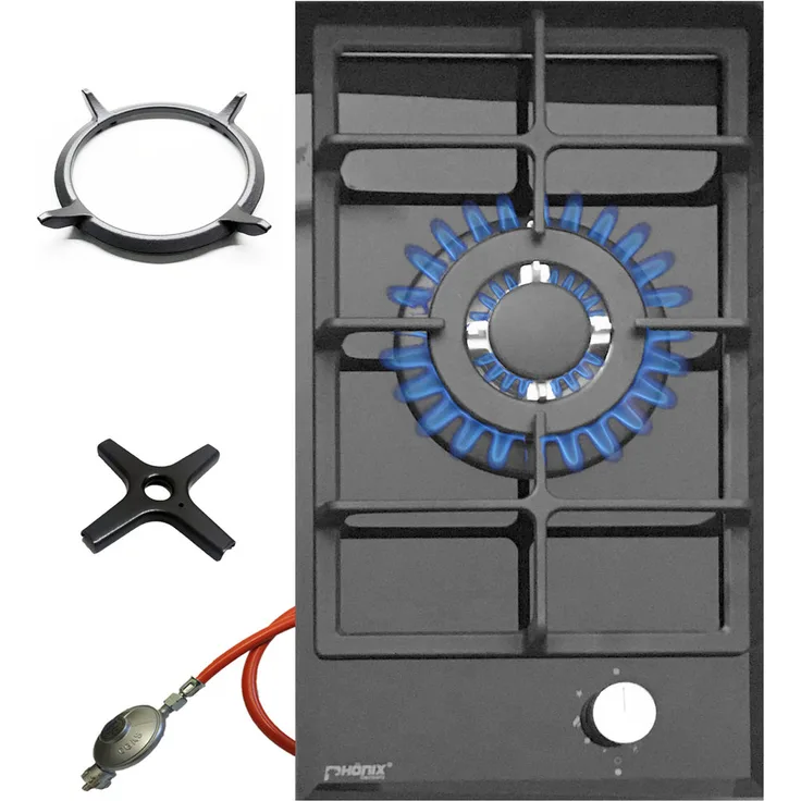 Phönix 101GBT Gaskochfeld Glas Gaskocher 1 flammig, Guss Wok Aufsatz + Herdkreuz
