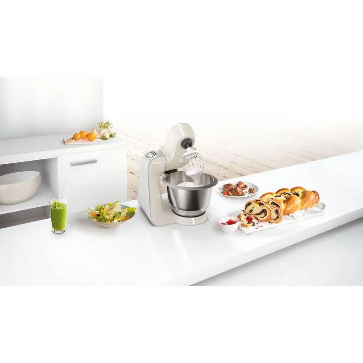 Bosch MUM58L20 CreationLine Küchenmaschine mit Planetenrührwerk 1000W, 3,9 L Schüssel, 7 Geschwindigkeiten, inkl. Patisserie-Set, Durchlaufschnitzler und Standmixeraufsatz, mineralgrau-silber, Serie: MUM5 – Bild 7