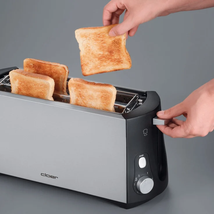 Cloer 3710 Langschlitztoaster für 4 Toastscheiben - 1380 W - integrierter Brötchenaufsatz - Nachhebevorrichtung - Krümelschublade - mattiertes wärmeisoliertes Metallgehäuse – Bild 6