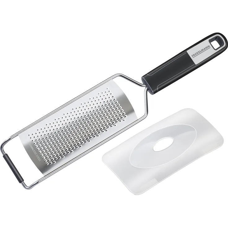 FACKELMANN Handreibe fein 30 cm Sense mit scharfer, feiner Reibefläche, inkl. Klingenschutz, Hobel mit rutschfestem Soft-Touch-Griff (Farbe: Silber-Schwarz), Menge: 1 Stück