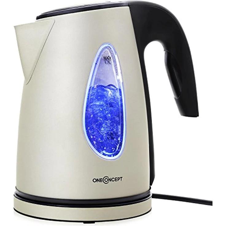 oneConcept TKV-SS17-Creme Design Wasserkocher kabellos leistungsstark mit stylisch blauen LED-Lichteffekt, 2200 W, 1.7 Liter, Cool Touch, creme