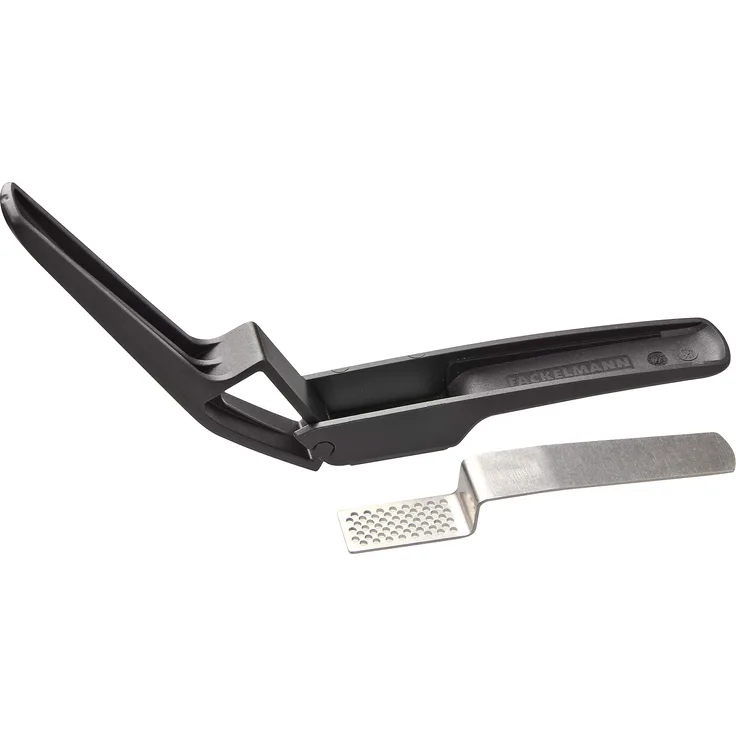 FACKELMANN Knoblauchpresse, Presse mit ergonomischen Griffen und herausnehmbaren Sieb, hochwertiger Knoblauchschneider (Farbe: Schwarz-Silber), Menge: 1 Stück