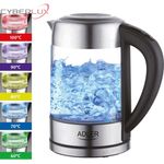 ADLER AD 1247 Wasserkocher aus Edelstahl und Glas, 1,7L, 2200 W, digitaler Glaswasserkocher mit Temperaturwahl 60-100C°, LED Beleuchtung mit Farbwechsel, Kalkfilter
