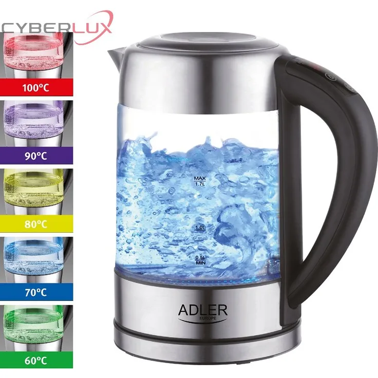 ADLER AD 1247 Wasserkocher aus Edelstahl und Glas, 1,7L, 2200 W, digitaler Glaswasserkocher mit Temperaturwahl 60-100C°, LED Beleuchtung mit Farbwechsel, Kalkfilter