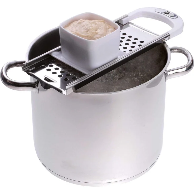 Westmark Spätzlehobel mit Teigschlitten, Für Topfdurchmesser bis zu 28 cm, Rostfreier Edelstahl-Kunststoff, Fädle, Weiß-Silber, 61222270 – Bild 2