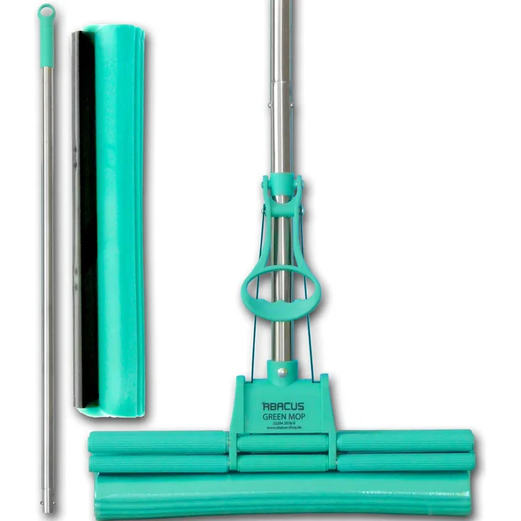ABACUS GREEN MOP Set 40-01 (6071) 40 cm Mopp + Stiel + 40cm Ersatzschwammm - Doppelwringer saugstarker Wischmop PVA Bodenwischer Wringmop GreenMop Wischmopp Wringmopp 4-Rollen Doppelwringsystem
