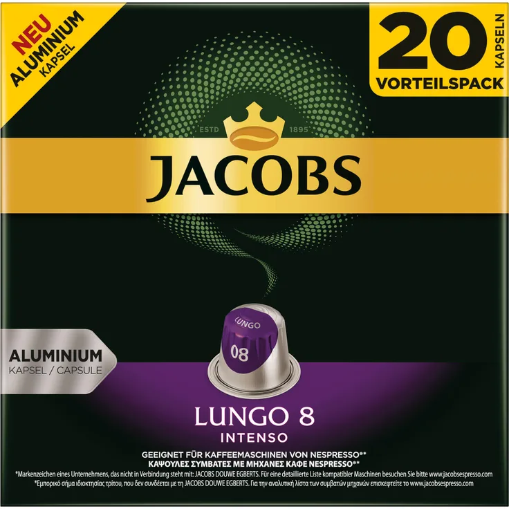 Jacobs Lungo 8 Intenso, Kaffeekapseln, Nespresso Kompatibel, Kaffee, 100 Kapseln, á 5.2 g