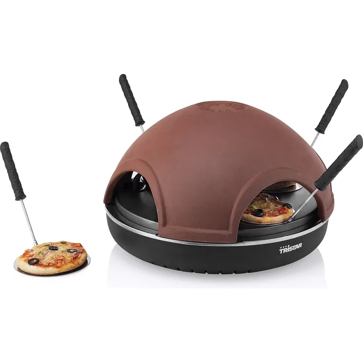 Tristar PZ-9154 Pizza Festa 4, für bis zu 4 Personen, mit handgefertigter Tonkuppel, Mini-Pizzen selber backen, mit Teigschneider und 4 Pizza-Hebern