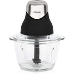 H.Koenig LEO8 Multi-Zerkleinerer, 320W, für Gemüse, Zwiebeln und Nüsse, elektrisch, Edelstahlklingen, 1x Glasschale, einfache Handhabung, Deckel für Frischehaltung, matt schwarz und chrom