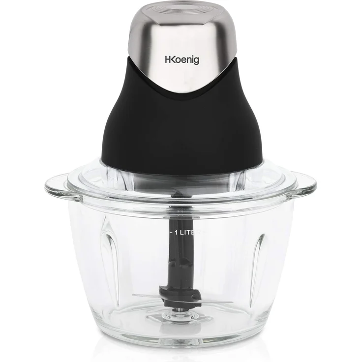 H.Koenig LEO8 Multi-Zerkleinerer, 320W, für Gemüse, Zwiebeln und Nüsse, elektrisch, Edelstahlklingen, 1x Glasschale, einfache Handhabung, Deckel für Frischehaltung, matt schwarz und chrom – Bild 1