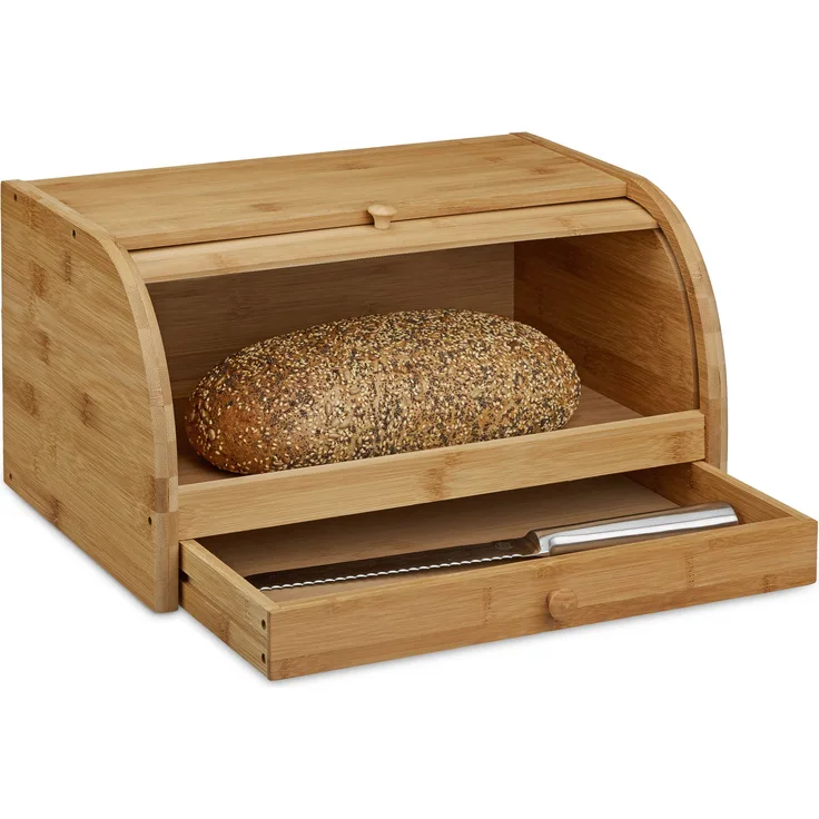 Relaxdays Rollbrotkasten mit Schublade, Bambus, aromadicht, Brotkasten mit Rolldeckel, HxBxT: 21 x 40,5 x 28 cm, Holz, natur