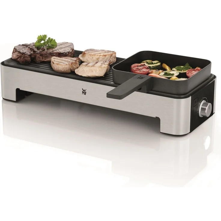 WMF KÜCHENminis Tischgrill für 2, Elektrogrill mit kompakter Grillfläche und variabler Temperatureinstellung, 1000 W, flache & gerippte Grillfläche, 35,5 x 12,3 cm, edelstahl, schwarz – Bild 6