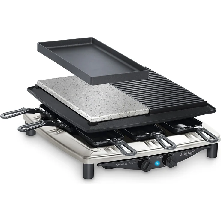 Steba Premium Raclette RC 4 Plus Deluxe Chrom, antihaft-Druckguss-Grillplatte, Natursteingrillplatte, schneid- und Kratzfest, inkl. wendbarer Guss-Pfanne mit glatter Fläche – Bild 1
