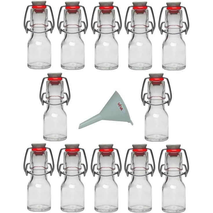 Viva Haushaltswaren 12 x Mini Glasflasche 50 ml mit Bügelverschluss aus Porzellan zum Befüllen, als kleine Likörflasche & Ölflasche verwendbar inkl. Trichter Ø 7 cm