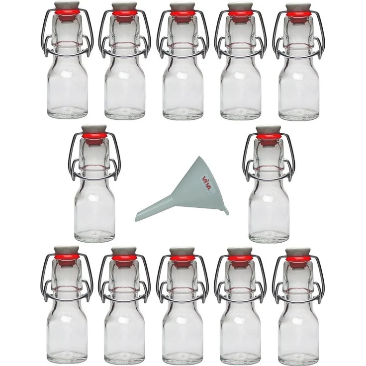 Viva Haushaltswaren 12 x Mini Glasflasche 50 ml mit Bügelverschluss aus Porzellan zum Befüllen, als kleine Likörflasche & Ölflasche verwendbar inkl. Trichter Ø 7 cm – Bild 1
