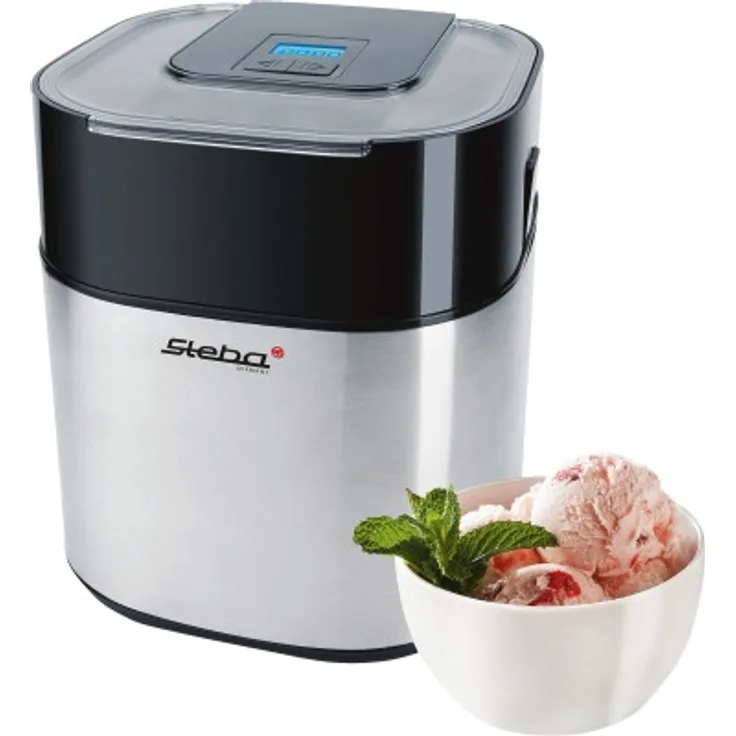 Steba IC 30 Eismaschine, Isolierbehälter mit 1,5 L Fassungsvermögen, Timer bis 40 Minuten, LCD-Display, Deckel mit Nachfüllöffnung, inkl. Eisportionierer, silber, schwarz