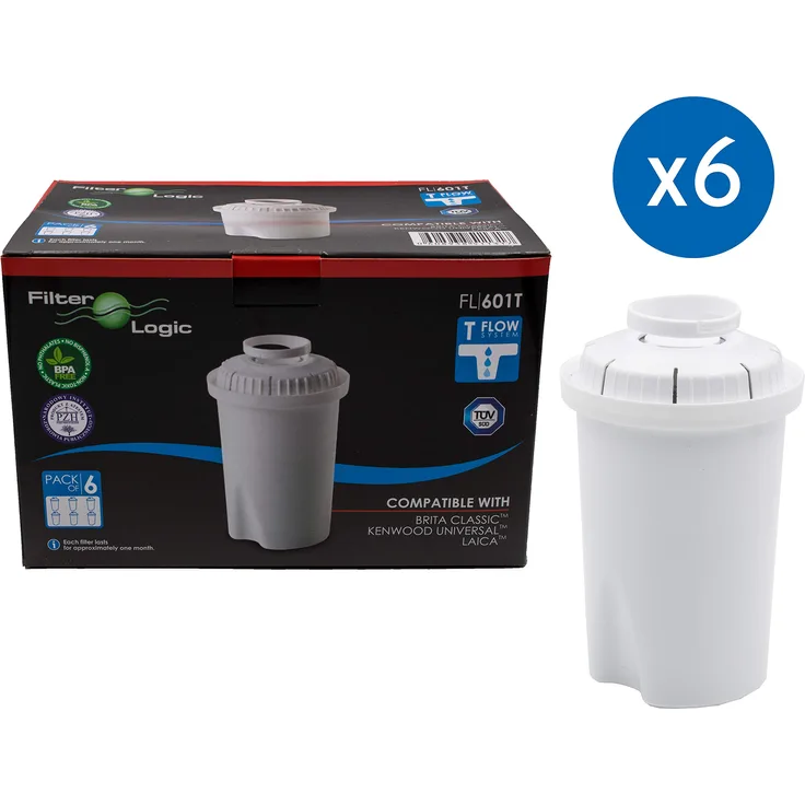 Filterlogic FL601T | 6er Pack Wasserfilterkartuschen kompatibel mit Brita Classic Wasserfilterkannen-Tischwasserfilter Wasserfilter Filterkartuschen Kartuschen