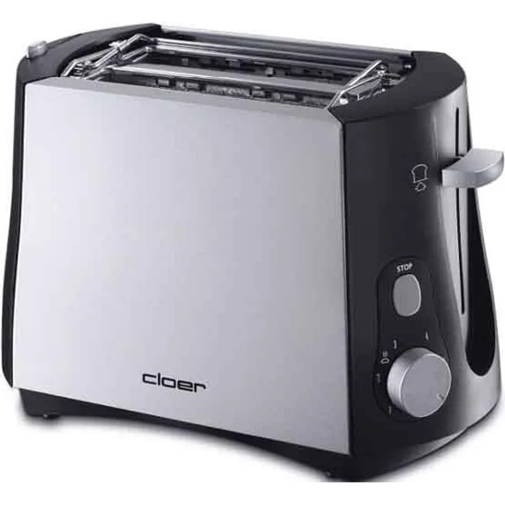 Cloer 3410 Toaster, Doppelschlitztoaster, 825 W, 6 Bräunungsstufen, integrierter Brötchenaufsatz, Krümelschublade, Nachhebevorrichtung, schwarz, grau