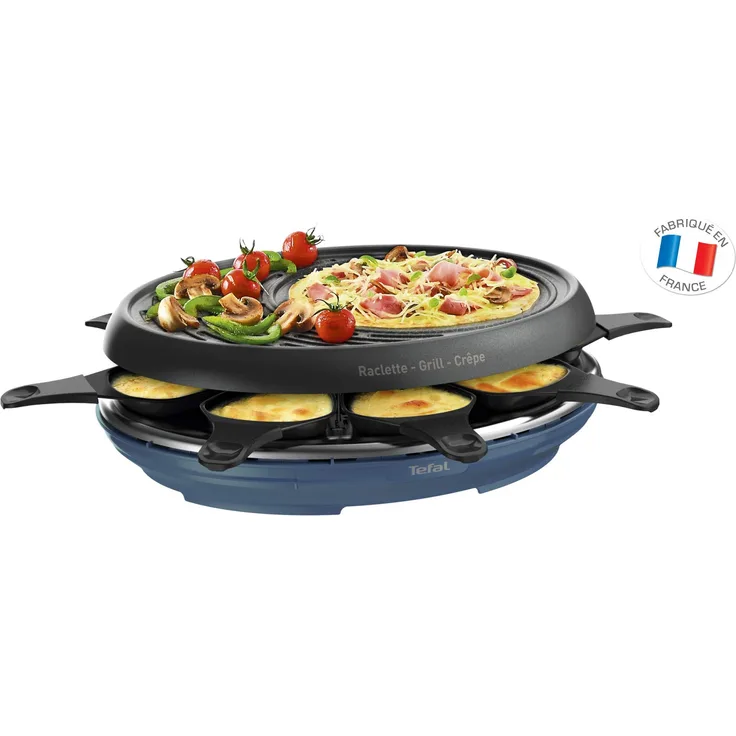 Tefal Raclette Colormania 3-in-1 Raclette für Grill und Crêpe, Antihaftbeschichtung, Easy Plus, 8 Schälchen, spülmaschinenfest, 1050 W, Stahlblau RE310401