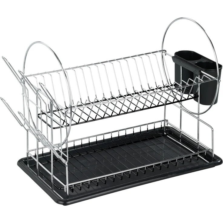 WENKO Geschirrabtropfer Premium Duo, Geschirr Abtropfständer für die Küche, Abtropfgestell mit Besteckkasten und Tellerständer, 52 x 36 x 24 cm, Silber-Schwarz – Bild 1