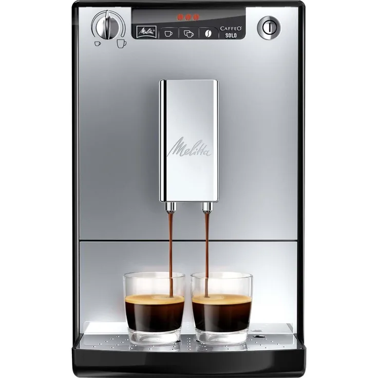 Melitta Caffeo Solo E950-103 Kaffeevollautomat mit Vorbrühfunktion und integriertem Mahlwerk , 15 Bar, LED-Display, höhenverstellbarer Kaffeeauslauf, herausnehmbare Brühgruppe, silber