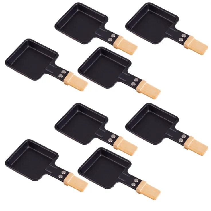 Syntrox Raclette Pfännchen viereckig mit Bambusgriff, 8 Stück, schwarz