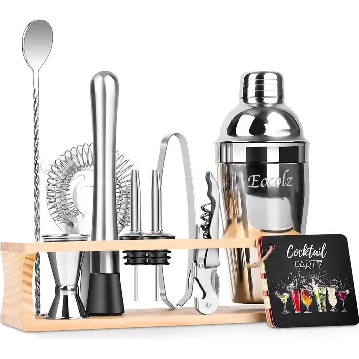 Eocolz Cocktail-Shaker Bar Set Bartender Kit mit Ständer Zubehör: Martini-Shaker, Jigger, Sieb, Mischlöffel, Zange, Ausgießer, Stößel, Flaschenöffner, professionelles Bar- und Heimgetränkewerkzeug
