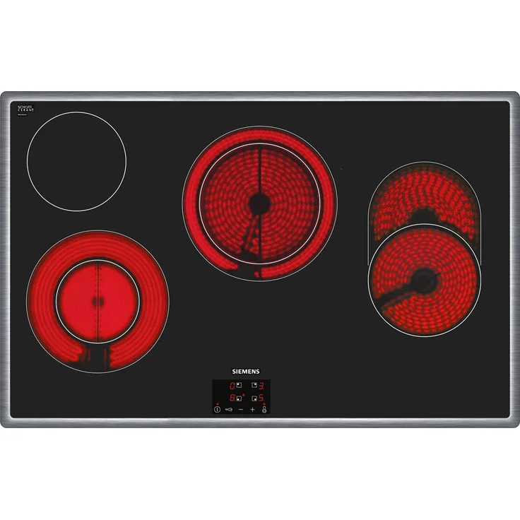 Siemens ET845HH17,Kochfeld, Einbaugerät, Glaskeramik, Autark ja, Betriebsart elektrisch, Anzahl Kochstellen 4, Edelstahl Rahmen aufliegend, touchVontrol, Bratzone, schwarz