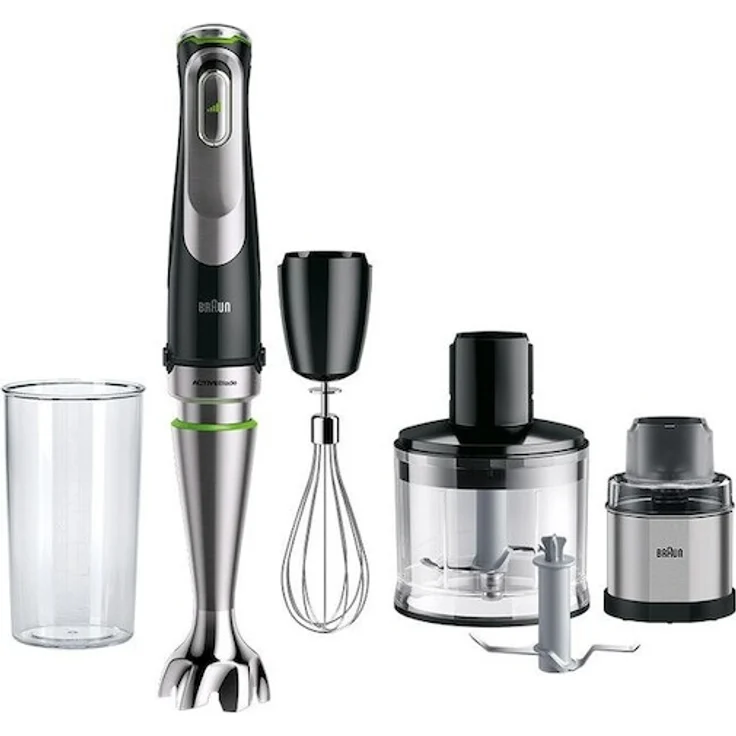 Braun MQ 9138 XI MultiQuick 9, 1200W, 0,5 L, 3 Geschwindigkeitsmodi, inkl,. Zerkleinerer, Kaffee- und Gewürzmühle, Schneebesen, silber, schwarz – Bild 1