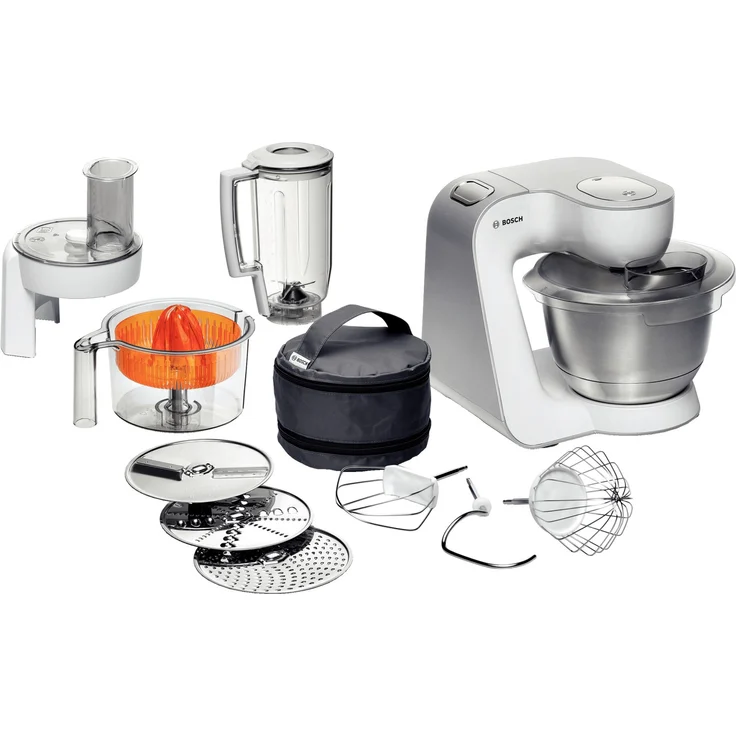 Bosch MUM54230 Styline Küchenmaschine, 900W, 3,9L Metallschüssel, 7 Geschwindigkeitsstufen, inkl. Patisserie-Set, Standmixeraufsatz, Zitruspressenaufsatz, weiß, silber, Serie: MUM5 – Bild 1