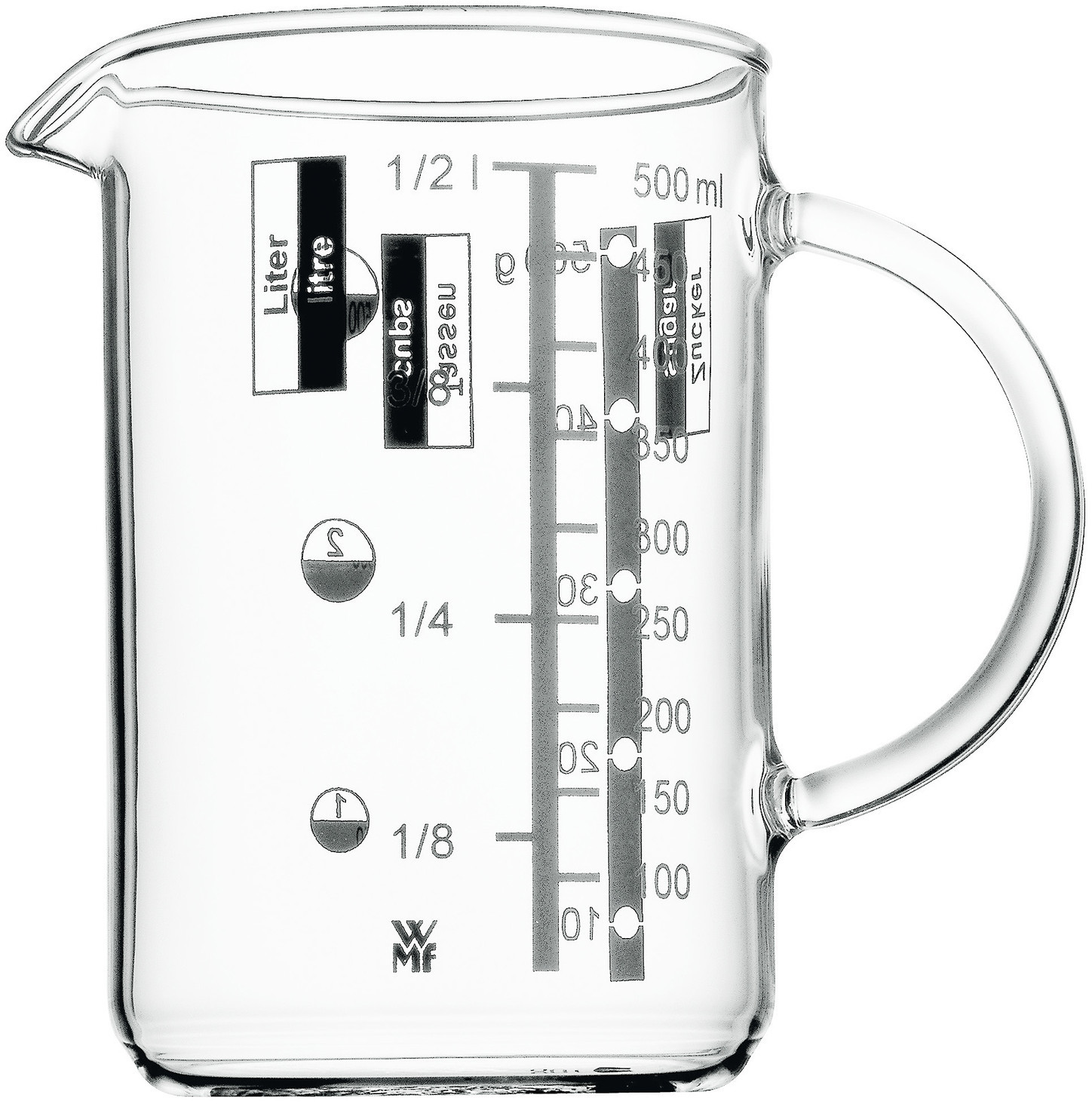 WMF Gourmet Messbecher, 0,5 l, hitzebeständiges Glas, Skalierung für Liter, Milliliter, Tassen und Gramm