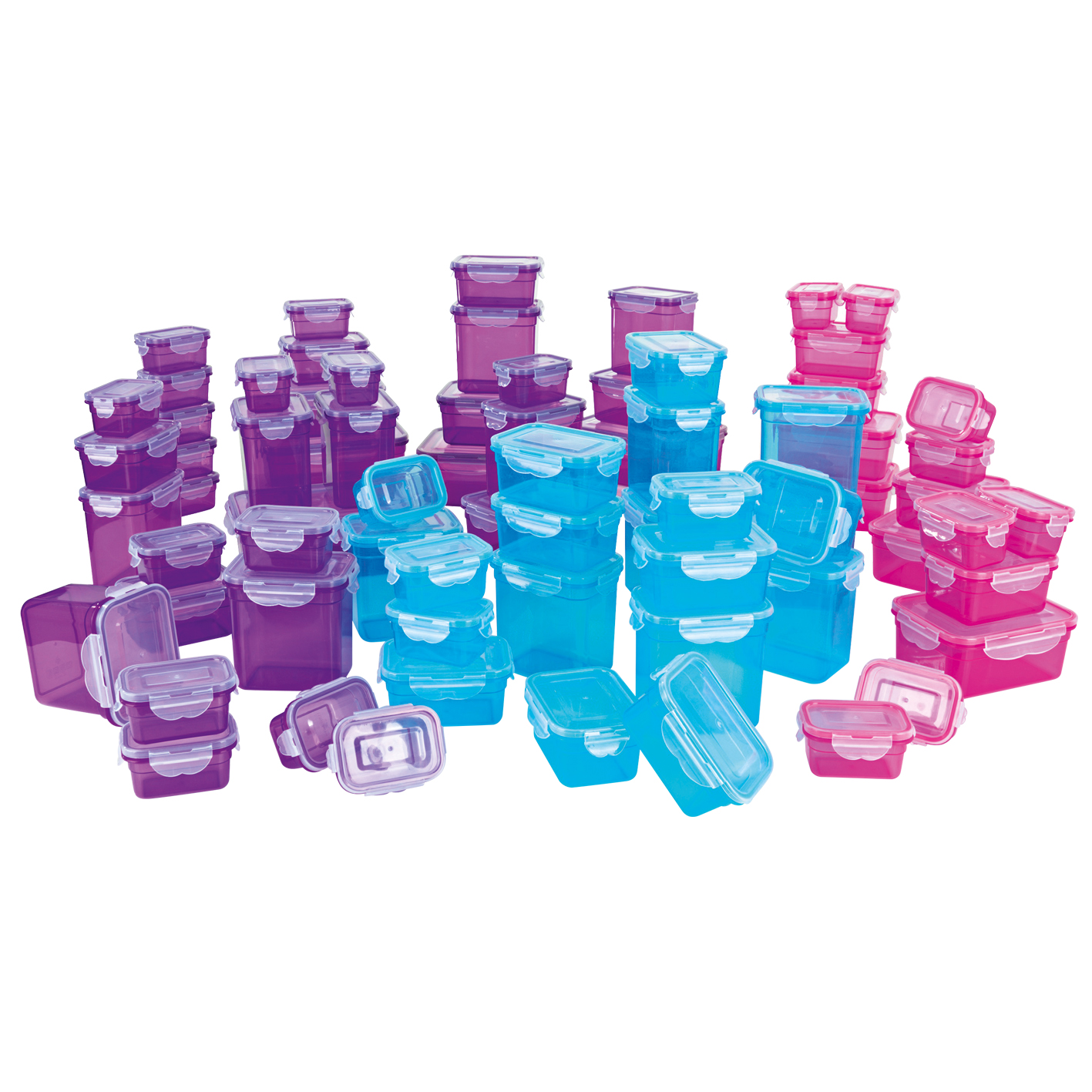 GOURMETmaxx Frischhaltedosen Klick-it 144 tlg. | Spülmaschinen- Mikrowellen- und Gefrierschrankgeeignet | Deckel BPA-frei mit 4-fach-Klick-Verschluss | Ineinander stapelbar [5 Größen blau, lila, pink]