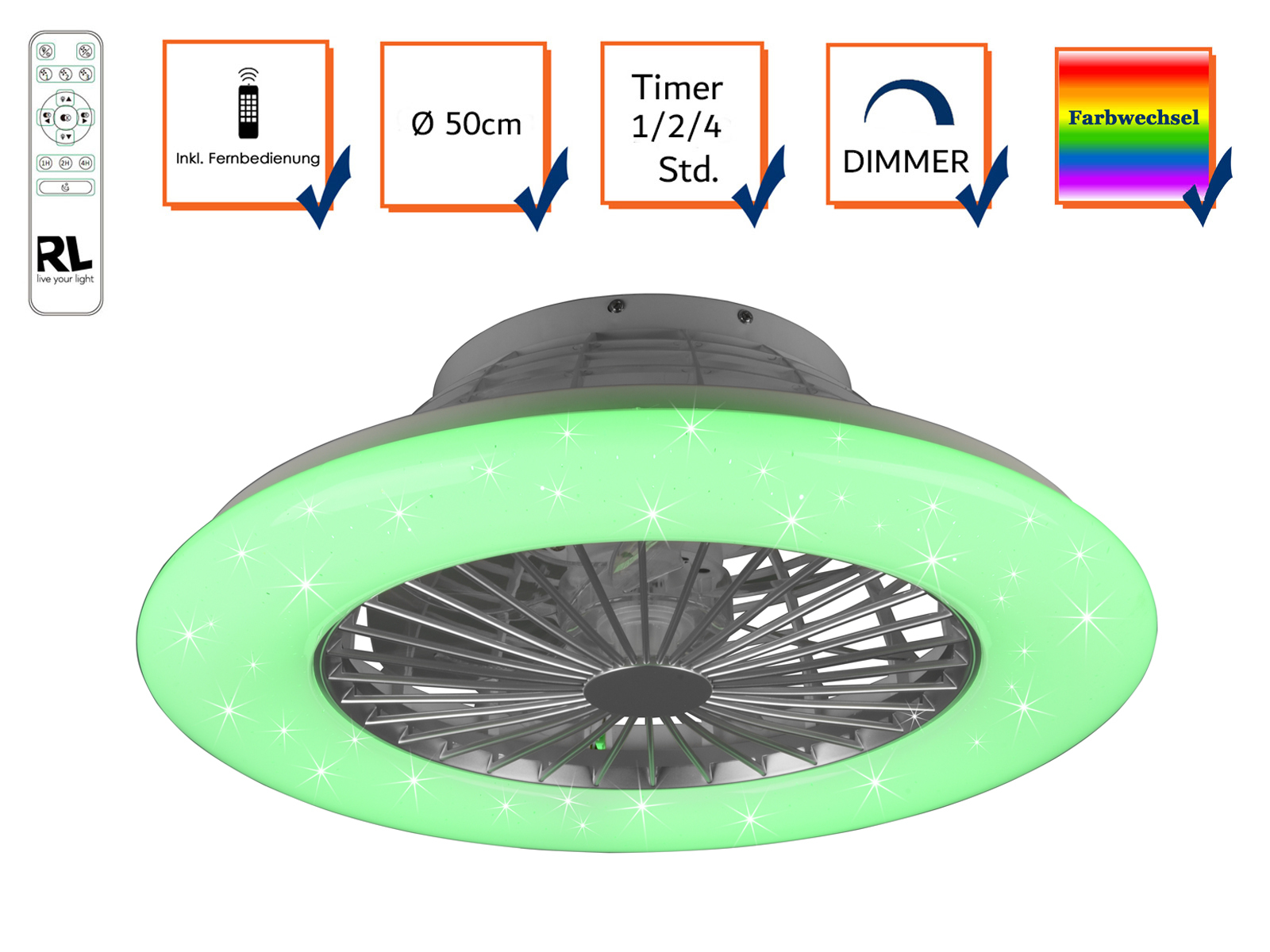 LED Deckenventilator Ø50cm mit Licht & Farbwechsel dimmbar Fernbedienung & Timer