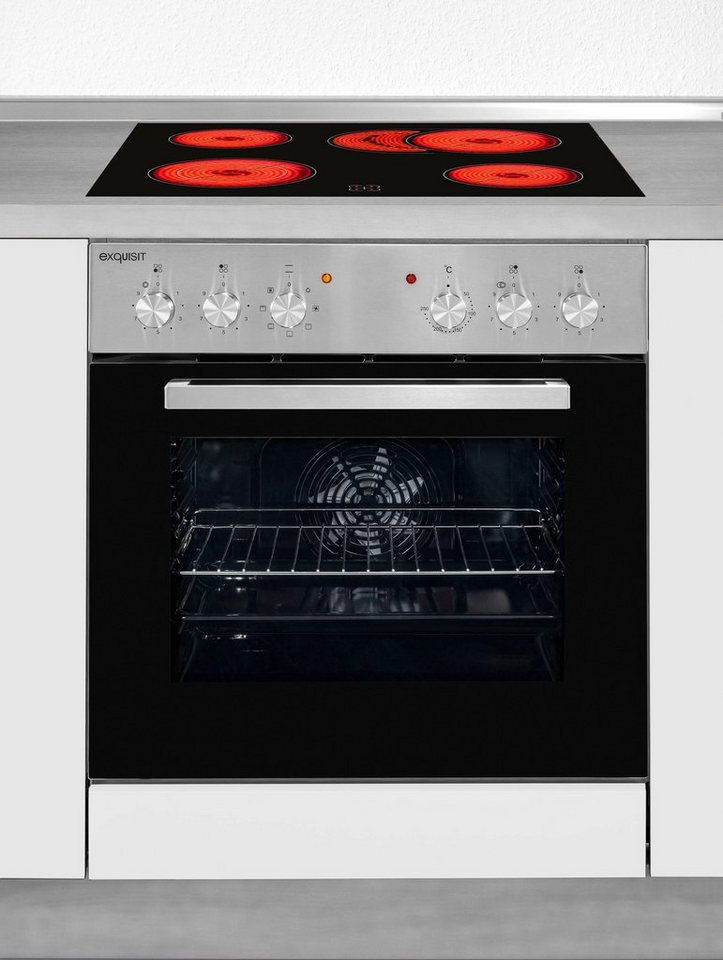 Exquisit EHE 156-2.1 UBZ-Set Herdset, A, Einbau, elektrisch, Volumen 59 l, Rahmenlos, 4 Kochplatten, Restwärmeanzeige
